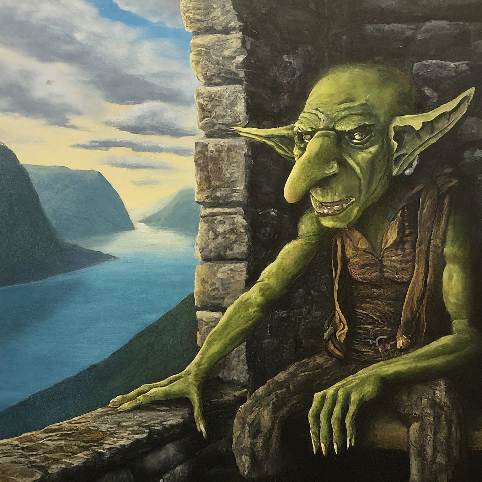 An image of a goblin looking out a castle window overlooking a fjord